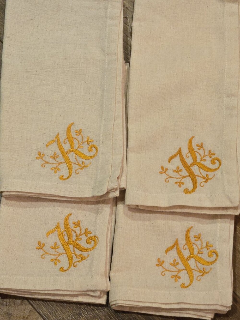 Set of 4 Monogramed Linen Napkins Initial "K" Gold Embroidery